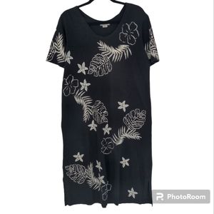 M.Mac Black White‎ Palm Leaf Floral Midi Short Sleeve Dress Size Medium Petite